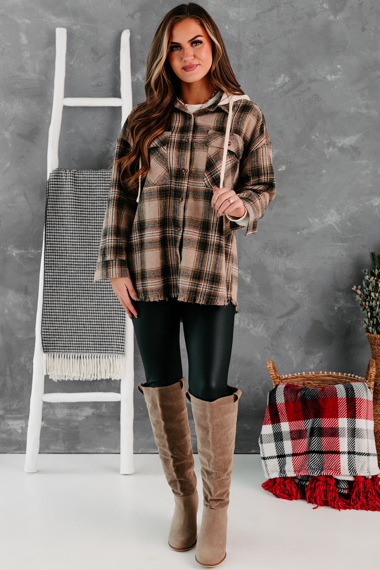 Real Talk Hooded Plaid Shacket (Mocha Mix) - NanaMacs