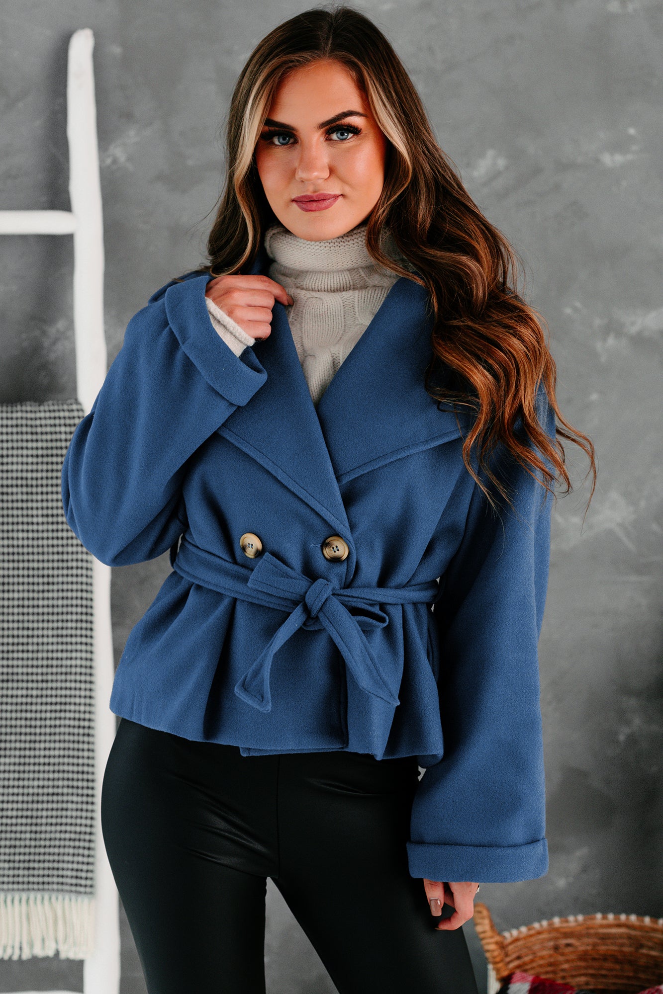 Daily Outings Cropped Belted Coat (Sea Blue) - NanaMacs