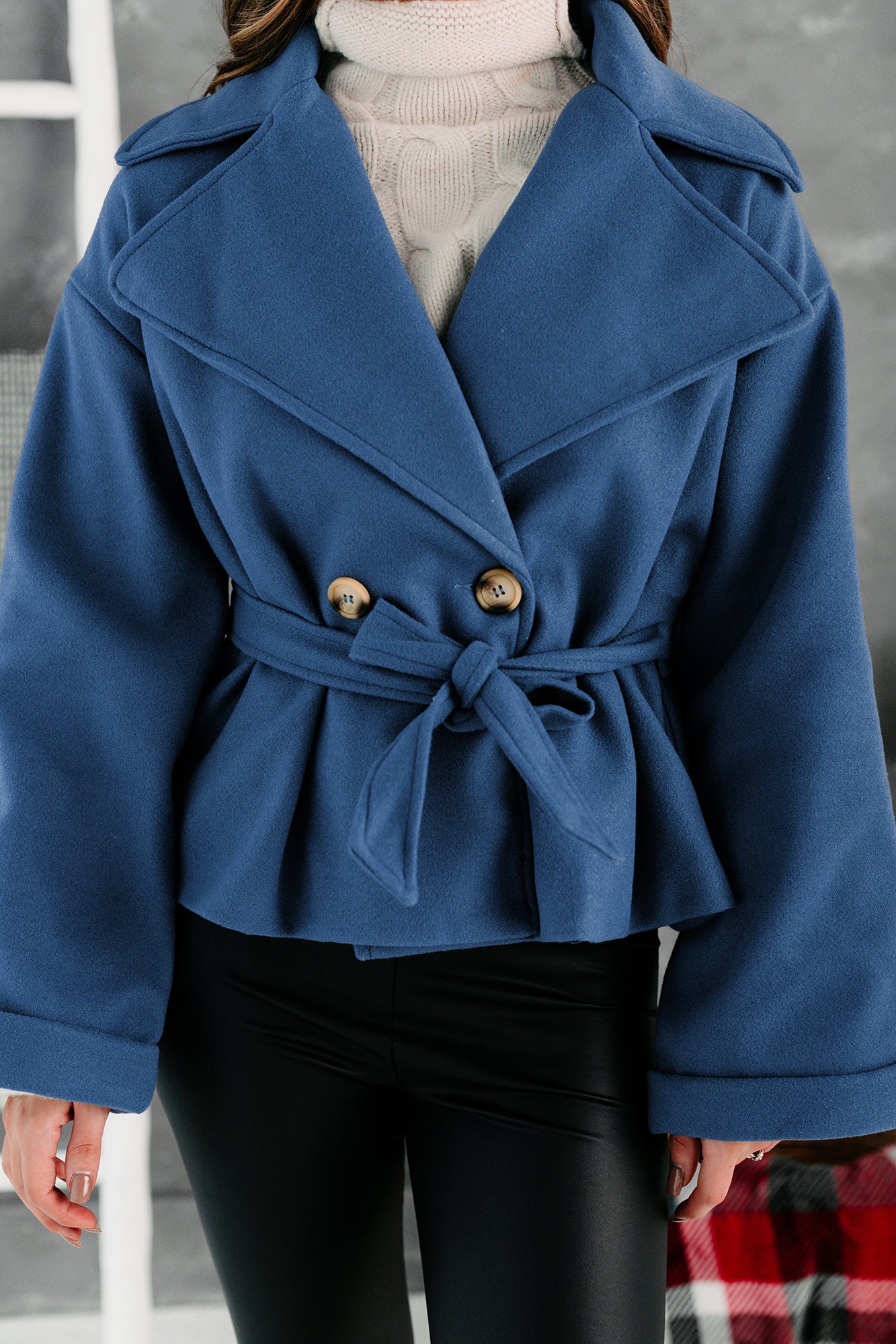 Daily Outings Cropped Belted Coat (Sea Blue) - NanaMacs