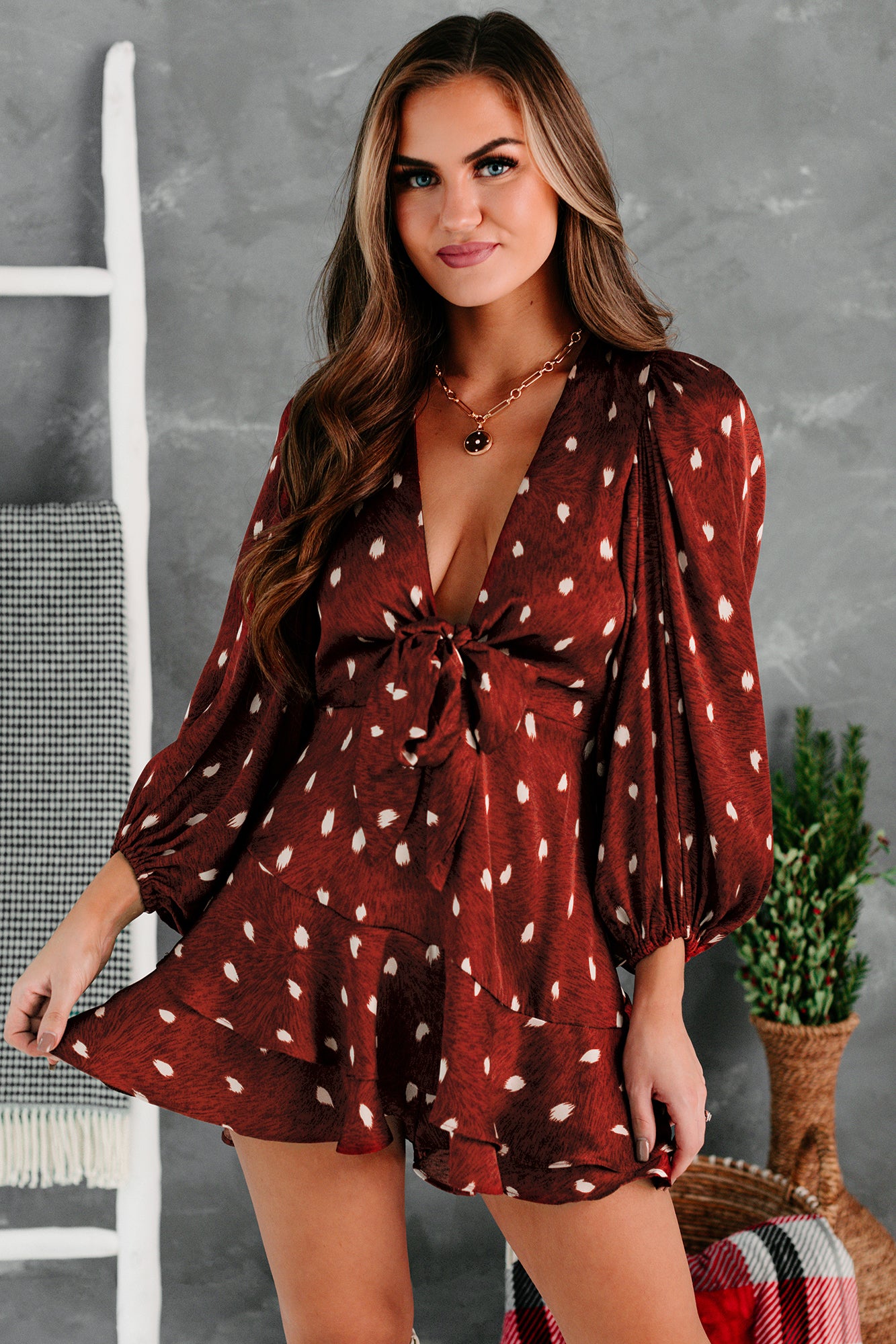 Leaving An Impression Spotted Tie-Front Romper (Rust) - NanaMacs