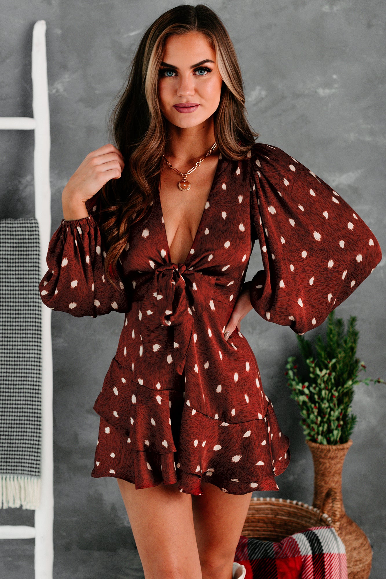 Leaving An Impression Spotted Tie-Front Romper (Rust) - NanaMacs