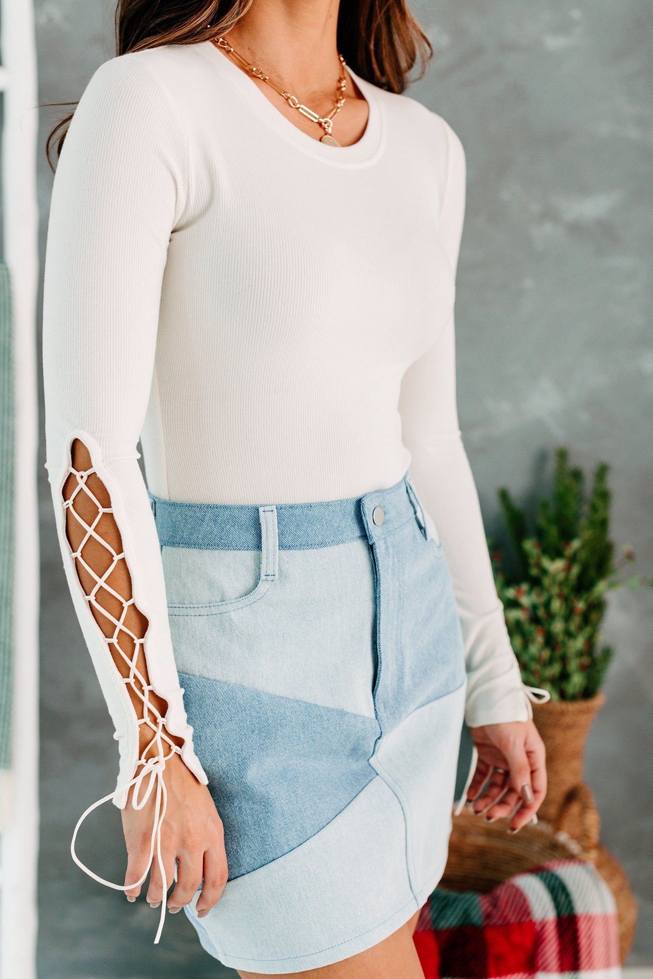 Something Fresh Ribbed Lace-Up Sleeve Bodysuit (White) - NanaMacs