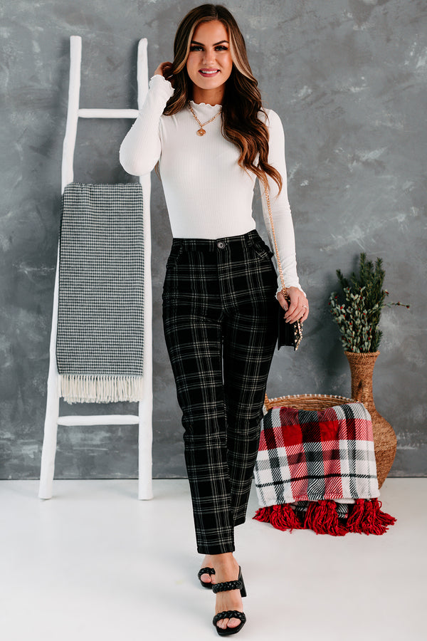 Eve High Waisted Velvet Plaid Pants (Black) - NanaMacs