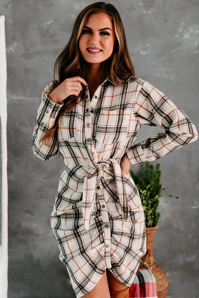 Looking Forward Plaid Button-Down Shirt Dress (Natural Multi) - NanaMacs