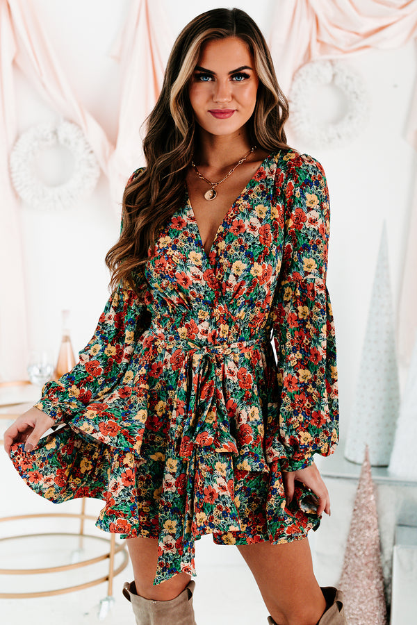 Planting Roots Ruffled Floral Mini Dress (Green Multi) - NanaMacs