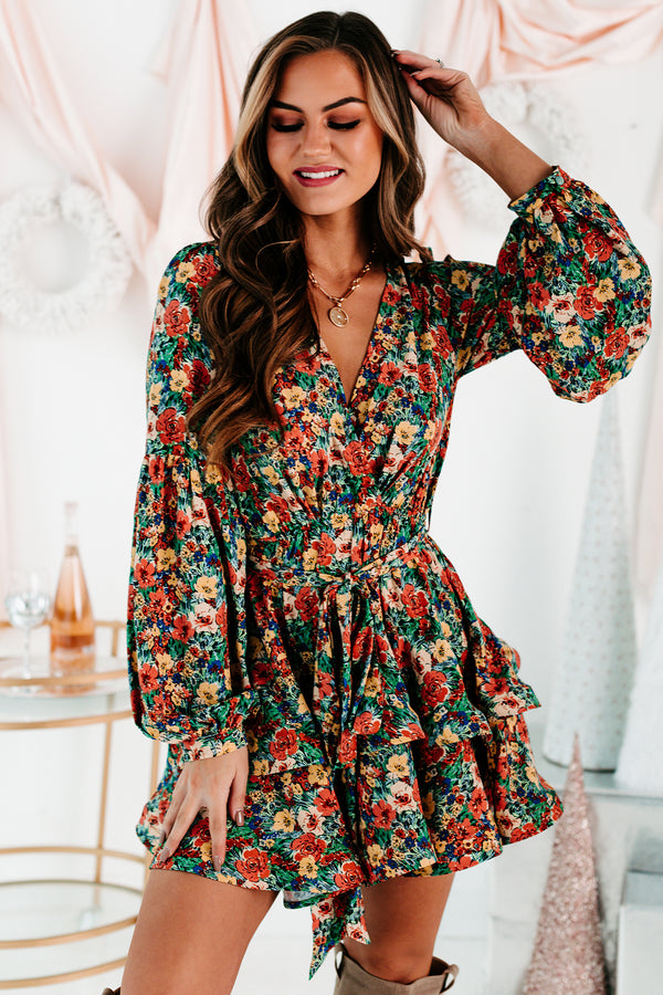 Planting Roots Ruffled Floral Mini Dress (Green Multi) - NanaMacs