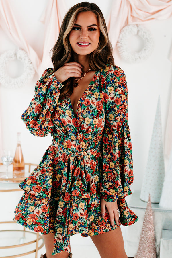 Planting Roots Ruffled Floral Mini Dress (Green Multi) - NanaMacs