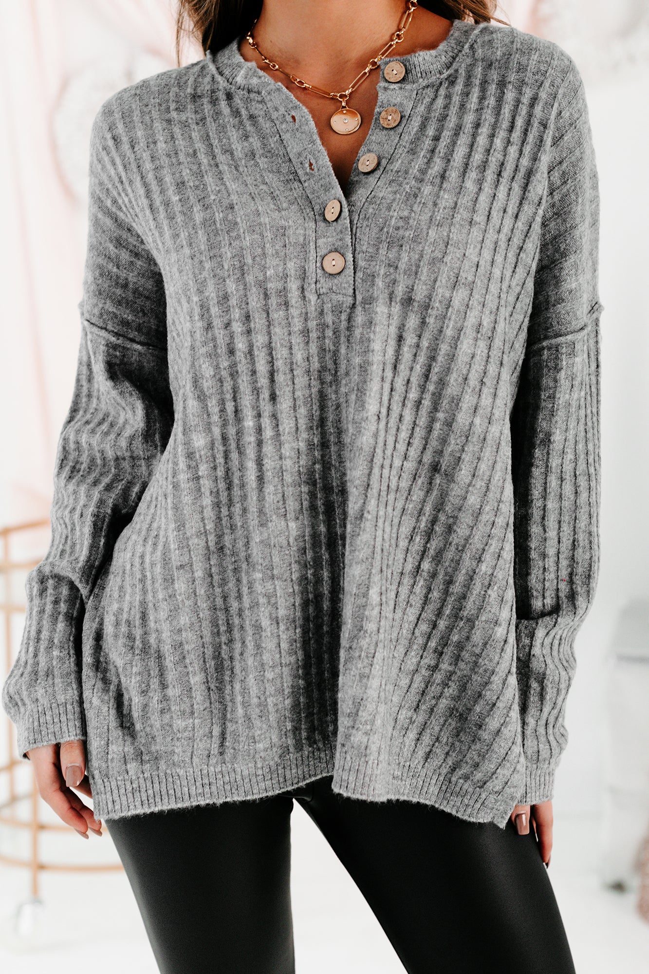 Winter Weekends Ribbed Button-Detailed Sweater (Grey) - NanaMacs