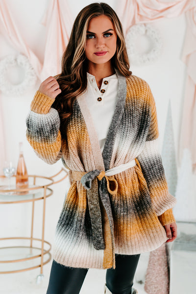 Chilly Evenings Tie-Waist Ombre Cardigan (Mustard Multi) - NanaMacs