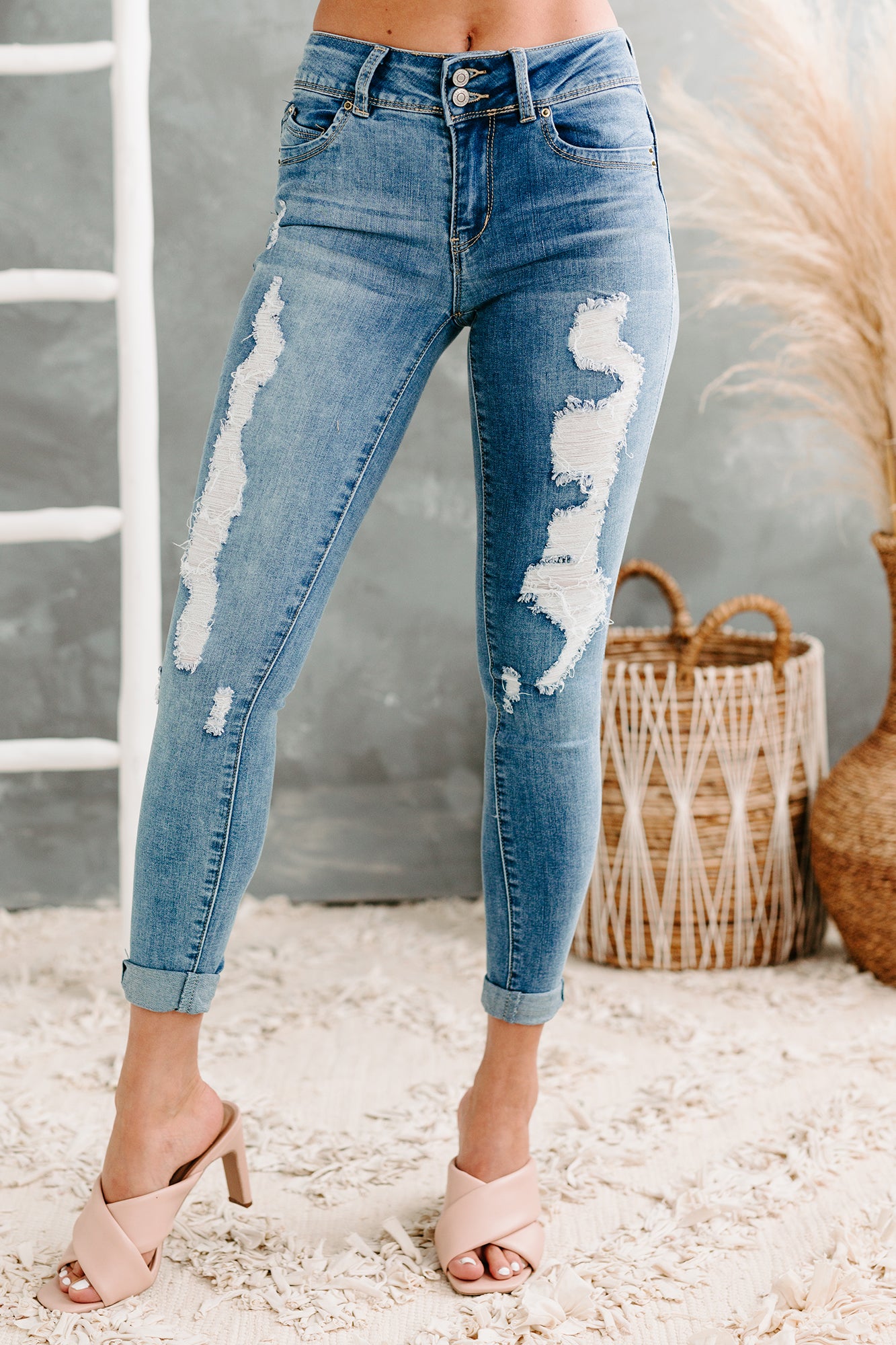 Nolen Double-Button Distressed Skinny YMI Jeans (Medium) - NanaMacs