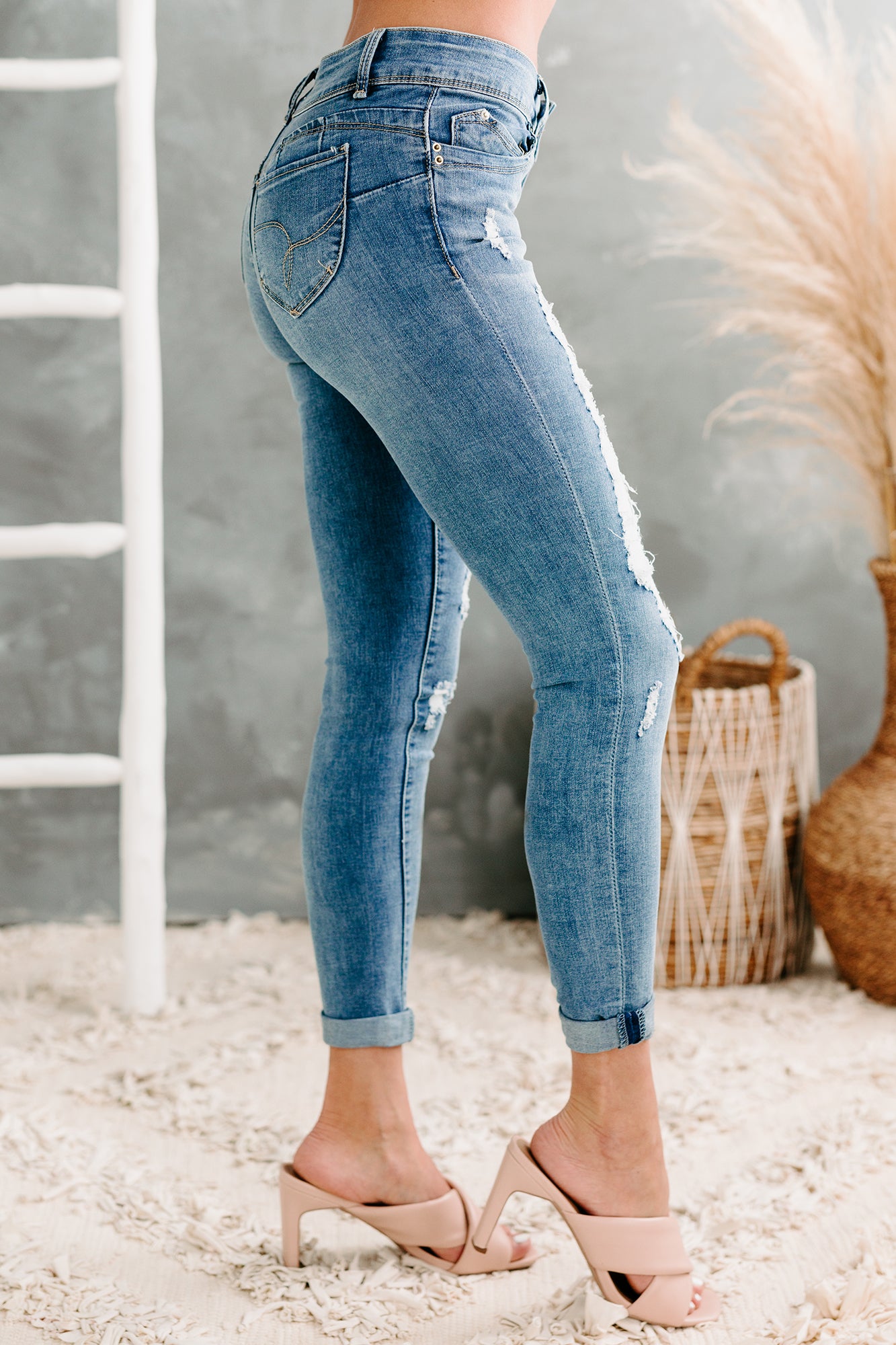 Nolen Double-Button Distressed Skinny YMI Jeans (Medium) - NanaMacs