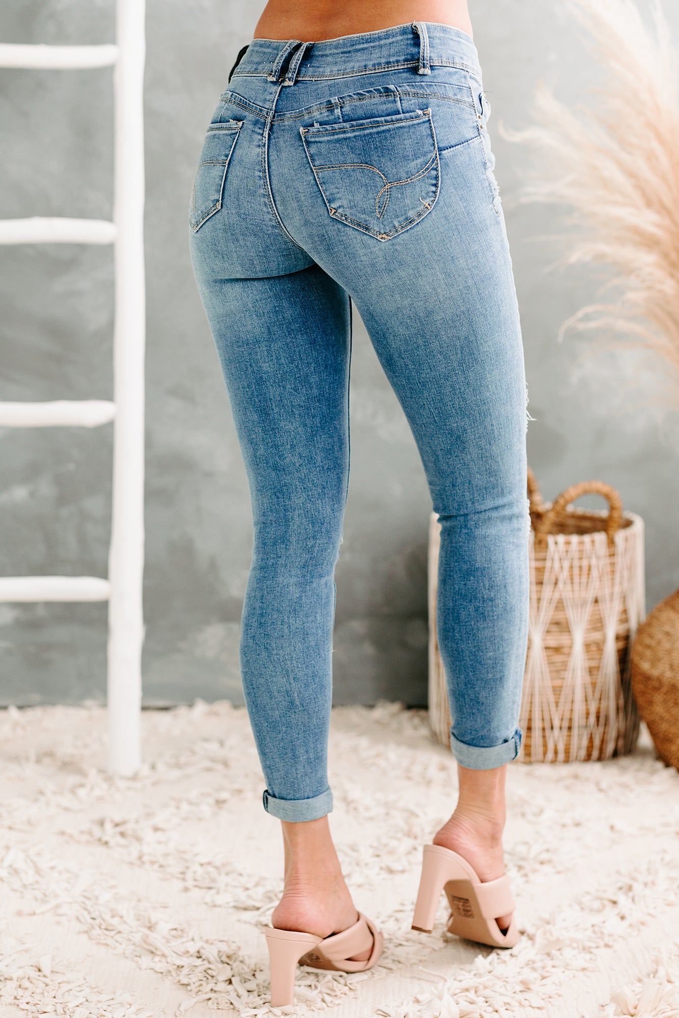 Nolen Double-Button Distressed Skinny YMI Jeans (Medium)