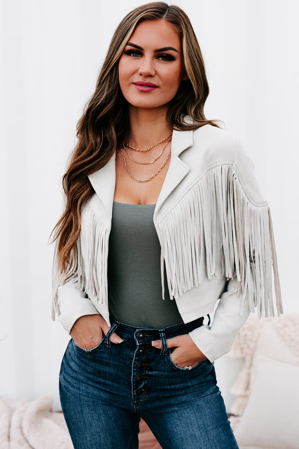 Ernest Faux Suede Fringe Moto Jacket (Light Grey) - NanaMacs