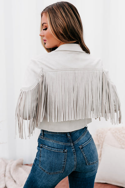 Ernest Faux Suede Fringe Moto Jacket (Light Grey) - NanaMacs