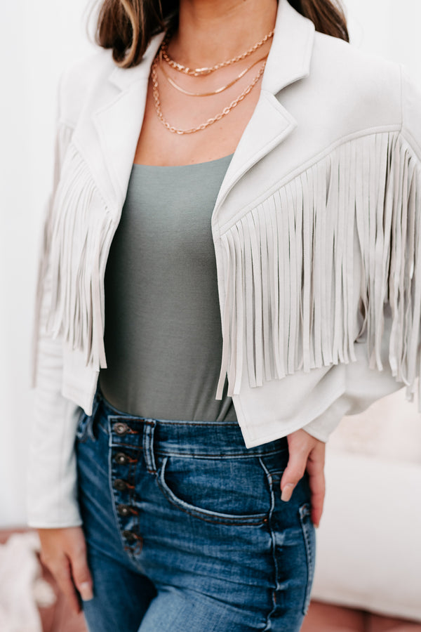 Ernest Faux Suede Fringe Moto Jacket (Light Grey) - NanaMacs