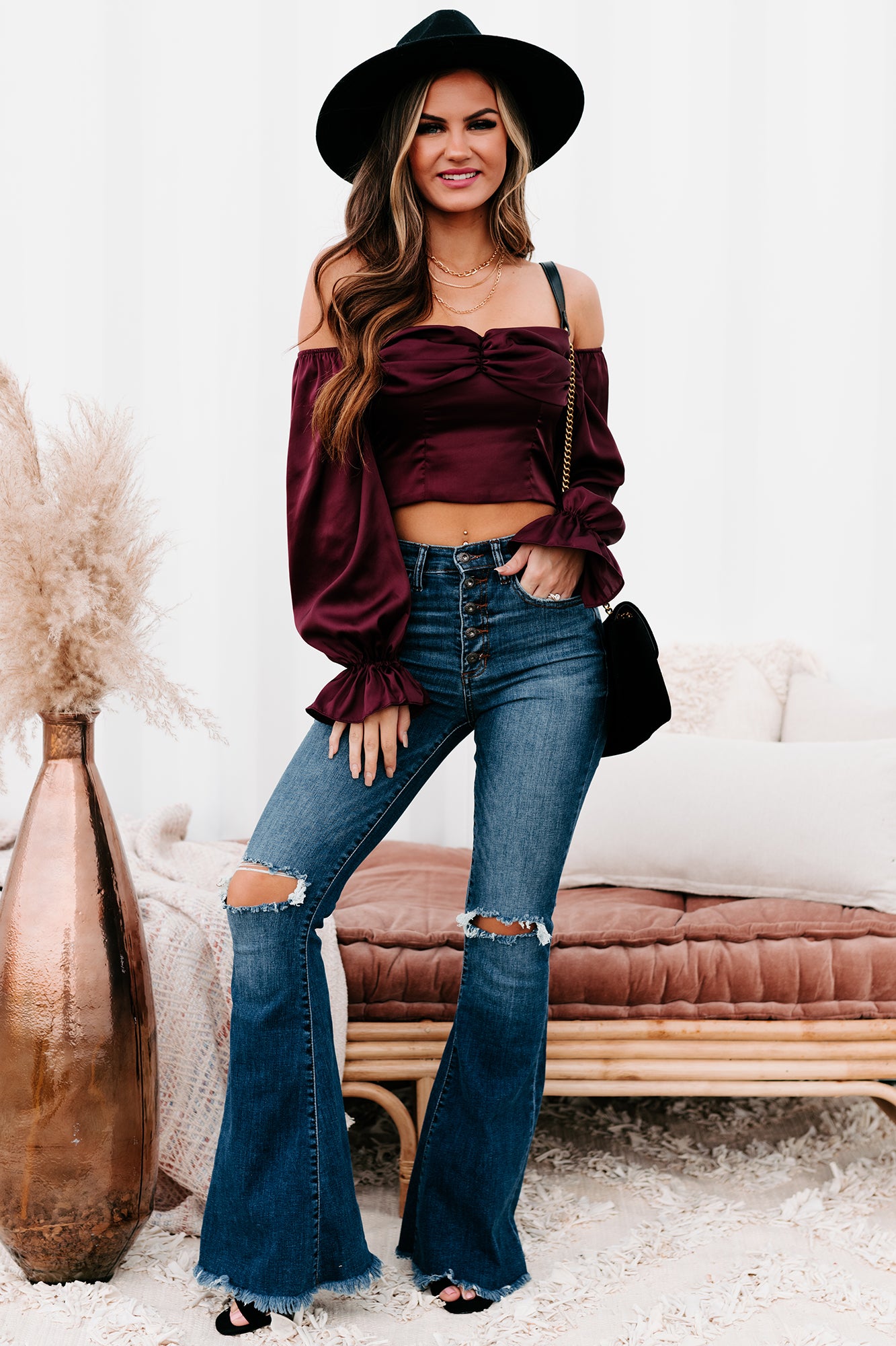 Feeling Spicy Ruched Off The Shoulder Puff Sleeve Crop Top  (Burgundy) - NanaMacs