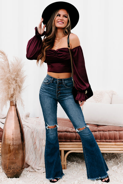 Feeling Spicy Ruched Off The Shoulder Puff Sleeve Crop Top  (Burgundy) - NanaMacs