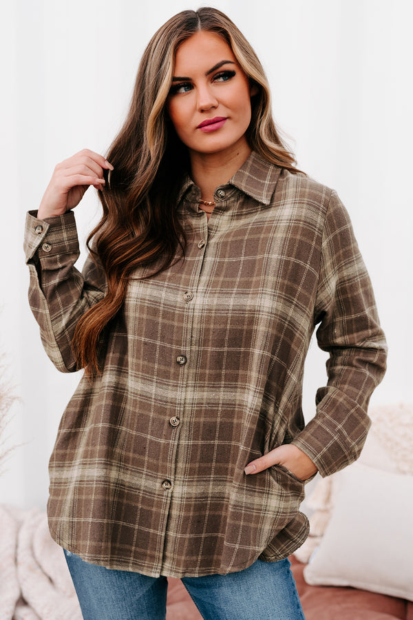 Bringing On Autumn Plaid Button Front Flannel Top (Brown) - NanaMacs