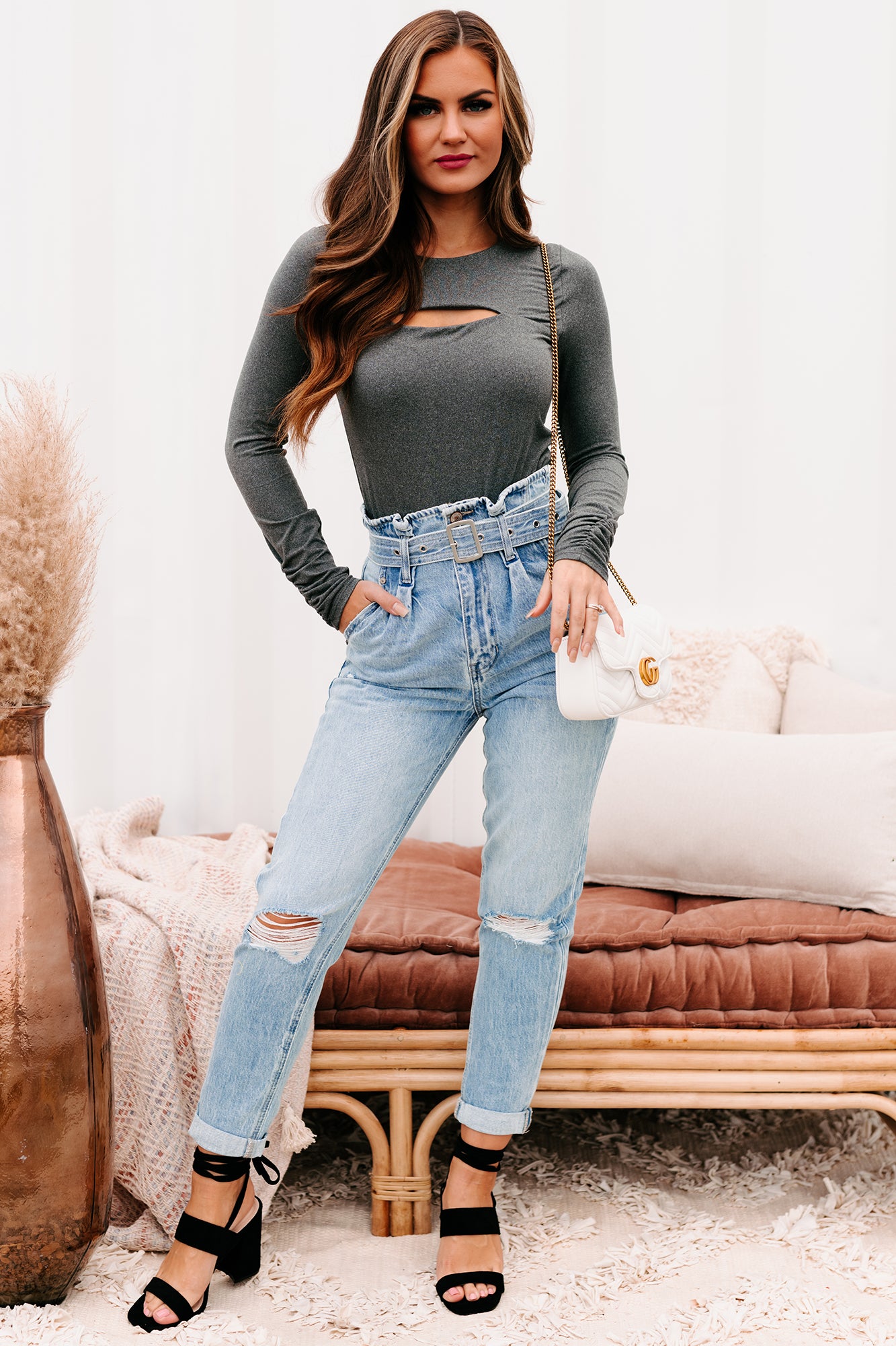 Zelia Long Sleeve Cut Out Bodysuit (Charcoal) - NanaMacs