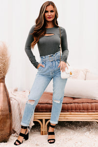 Zelia Long Sleeve Cut Out Bodysuit (Charcoal) - NanaMacs
