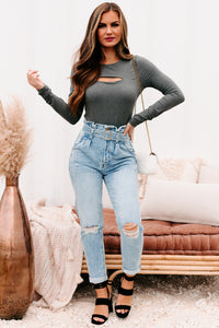 Zelia Long Sleeve Cut Out Bodysuit (Charcoal) - NanaMacs
