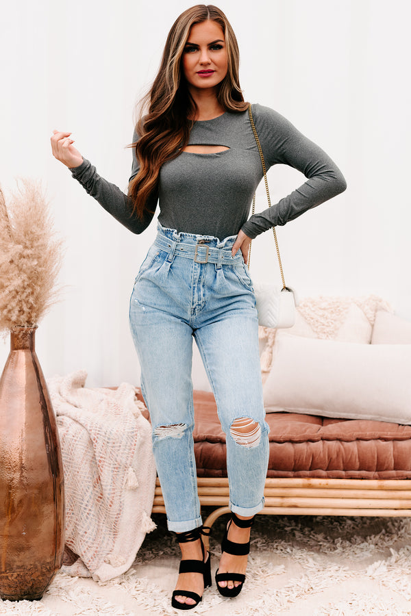 Zelia Long Sleeve Cut Out Bodysuit (Charcoal) - NanaMacs