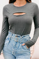 Zelia Long Sleeve Cut Out Bodysuit (Charcoal) - NanaMacs