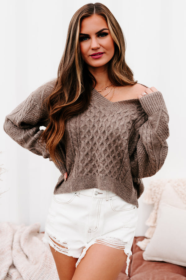 Cabin Cozy V-Neck Cable Knit Sweater (Mocha) - NanaMacs