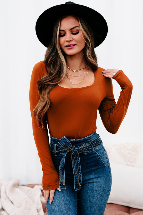 Zeena Long Sleeve Square Neck Bodysuit (Cognac) - NanaMacs