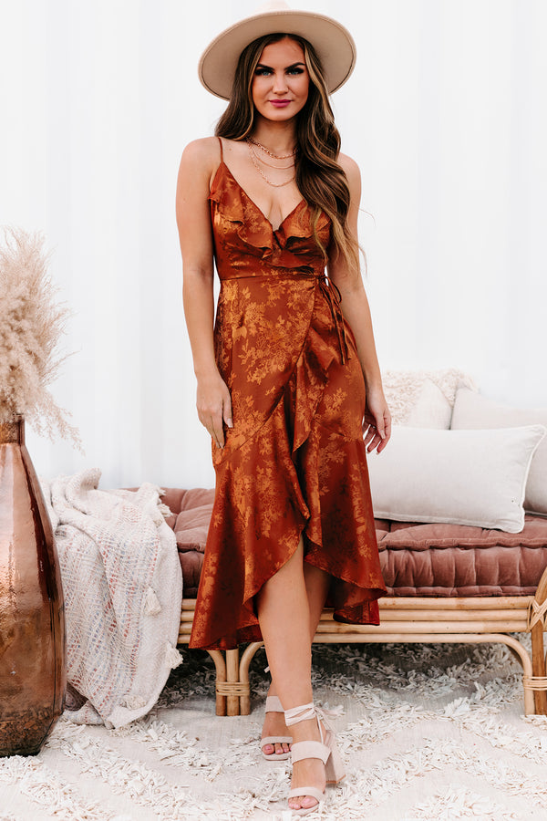 Cocktails & Confidence High-Low Ruffled Wrap Dress (Rust) - NanaMacs