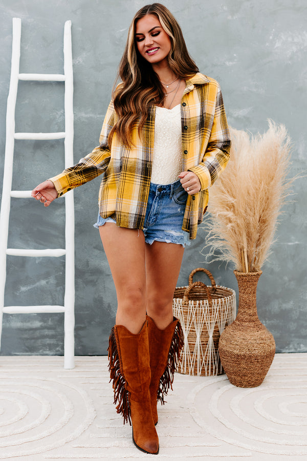 Harvest Wishes Plaid Button Front Top (Mustard) - NanaMacs