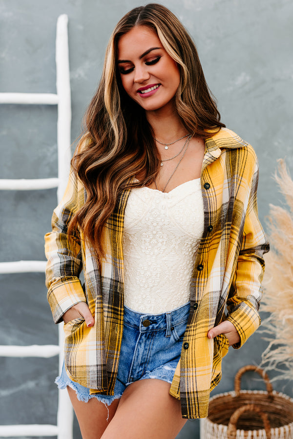 Harvest Wishes Plaid Button Front Top (Mustard) - NanaMacs