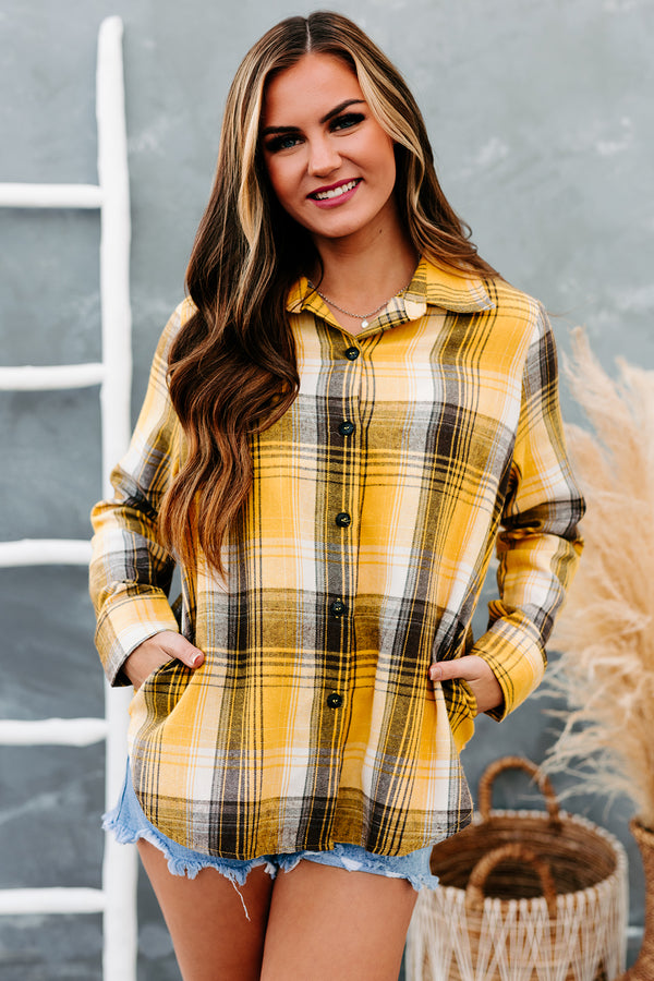 Harvest Wishes Plaid Button Front Top (Mustard) - NanaMacs