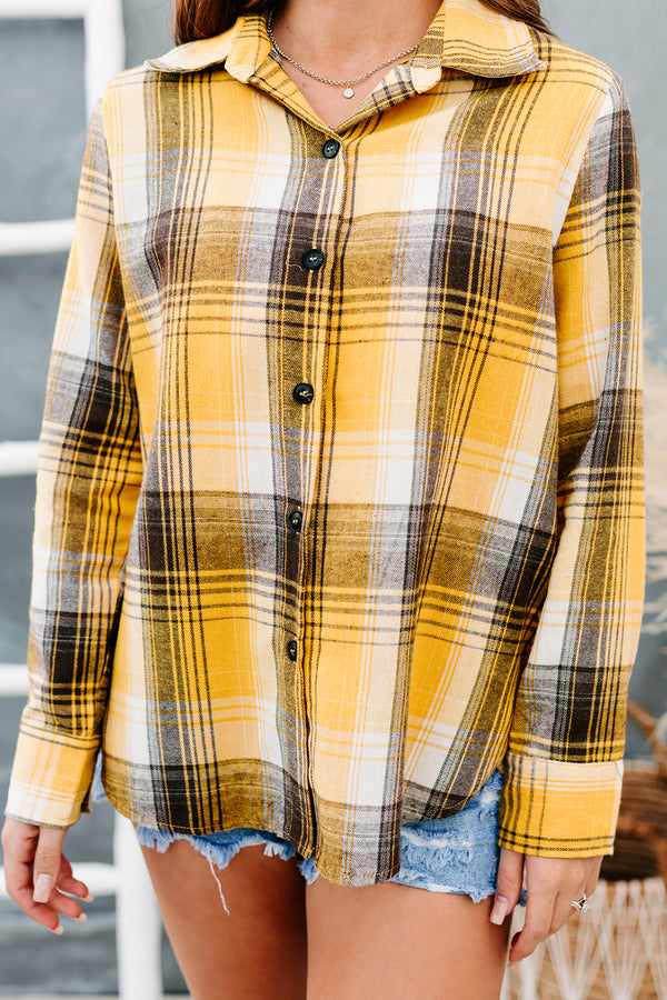 Harvest Wishes Plaid Button Front Top (Mustard) - NanaMacs