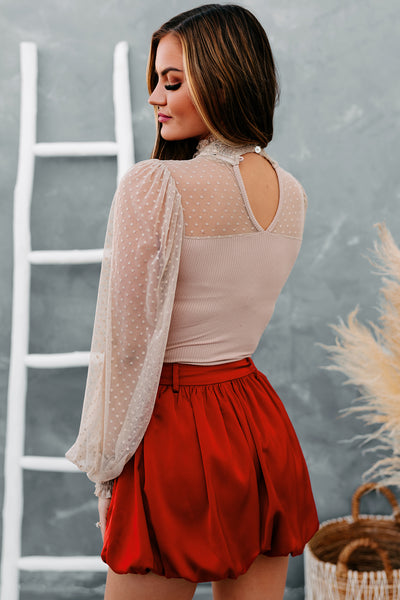 Keep The Change Ribbed Dot Mesh Bodysuit (Taupe) - NanaMacs