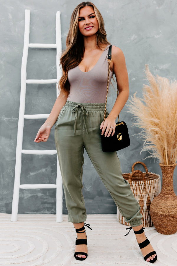 Betting Game Drawstring Waist Joggers (Light Olive) - NanaMacs