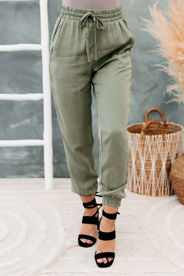 Betting Game Drawstring Waist Joggers (Light Olive) - NanaMacs