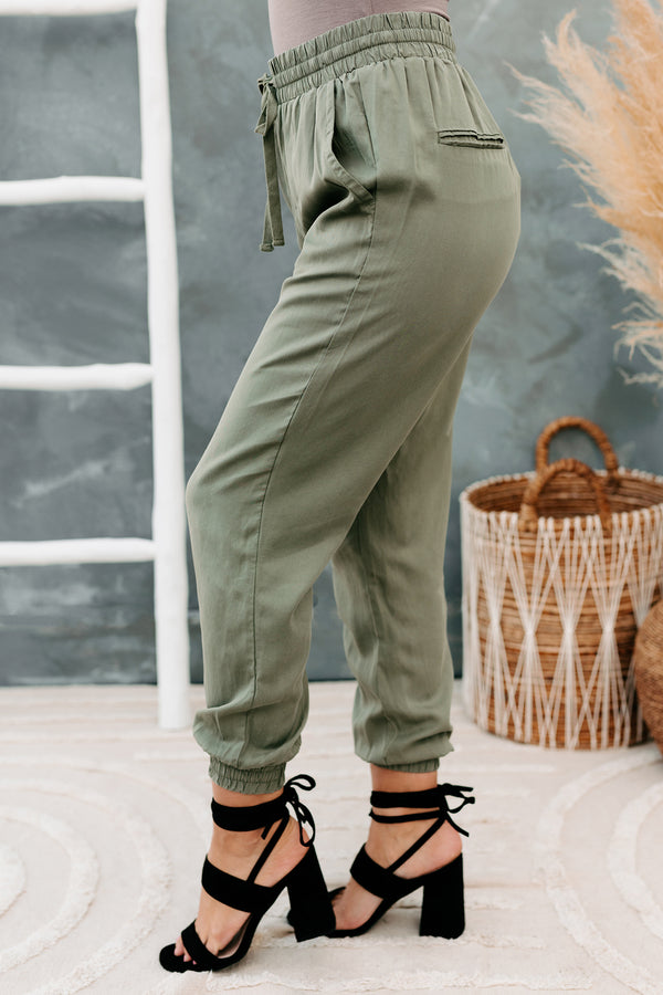 Betting Game Drawstring Waist Joggers (Light Olive) - NanaMacs