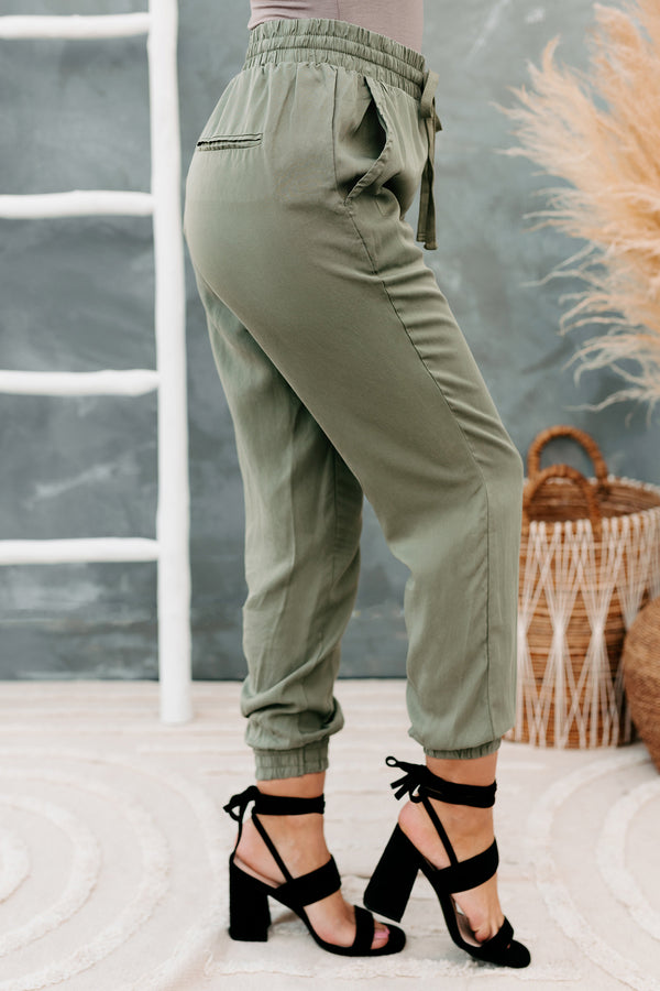 Betting Game Drawstring Waist Joggers (Light Olive) - NanaMacs