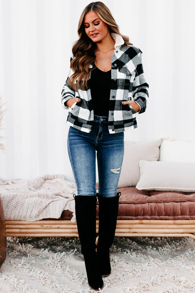Into The Rockies Checkered Plaid Sherpa Lined Jacket (Black) - NanaMacs