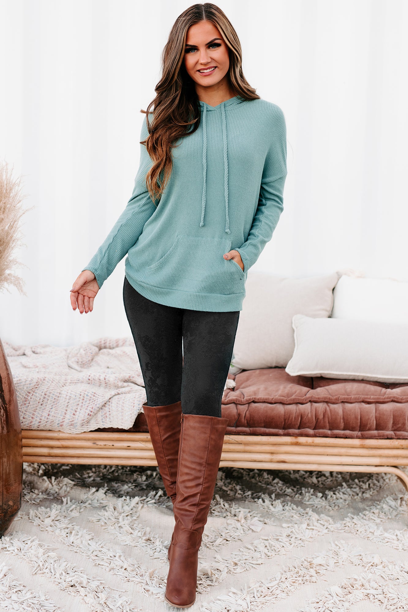 Speak Your Truths Ribbed Hooded Top (Dusty Jade) - NanaMacs