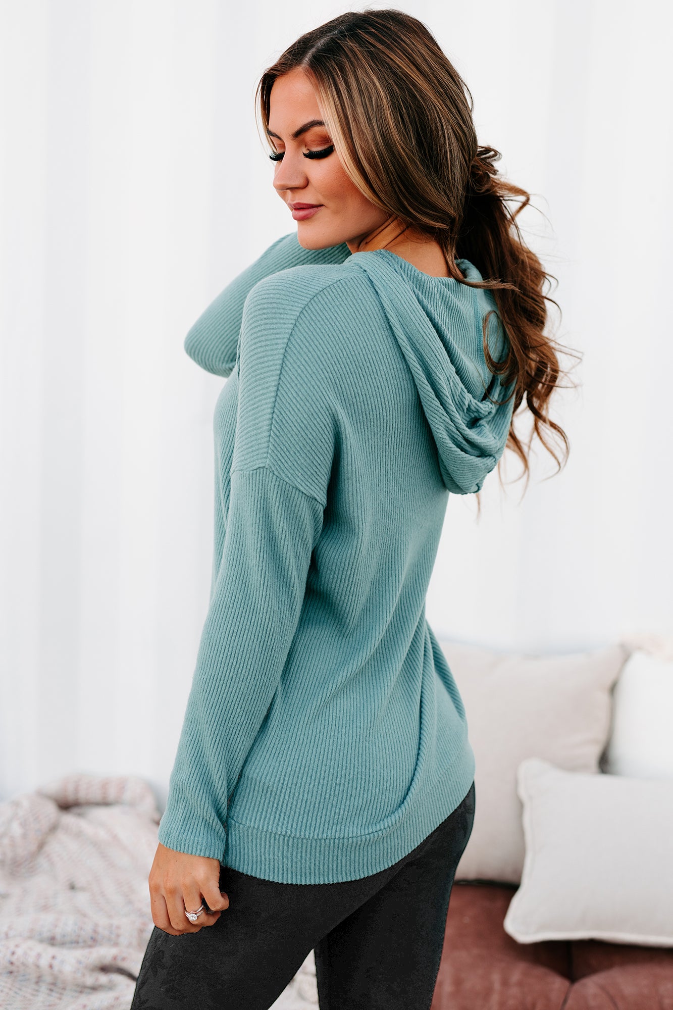 Speak Your Truths Ribbed Hooded Top (Dusty Jade) - NanaMacs