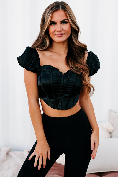 I Don't Need Luck Cap Sleeved Satin Crop Top (Black) - NanaMacs