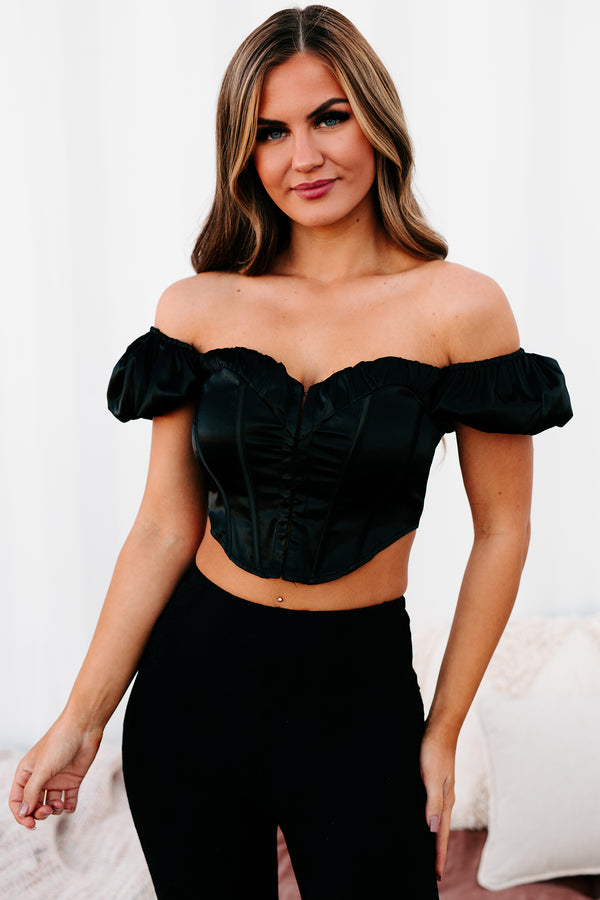 I Don't Need Luck Cap Sleeved Satin Crop Top (Black) - NanaMacs