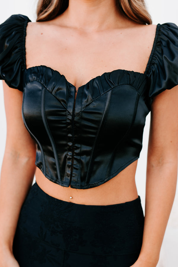 I Don't Need Luck Cap Sleeved Satin Crop Top (Black) - NanaMacs