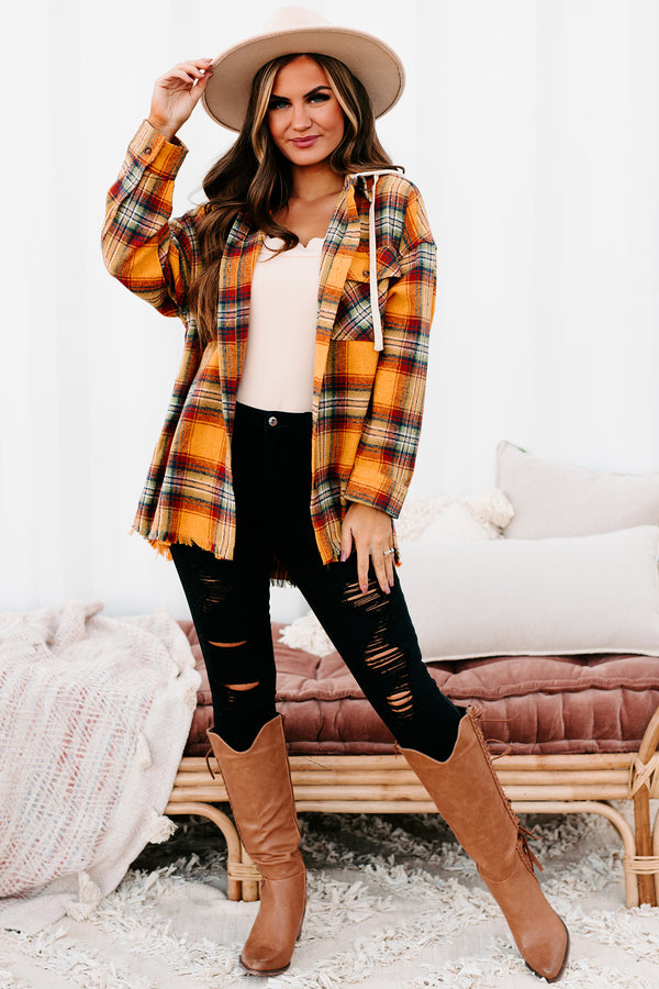 Real Talk Hooded Plaid Shacket (Orange Mix) - NanaMacs