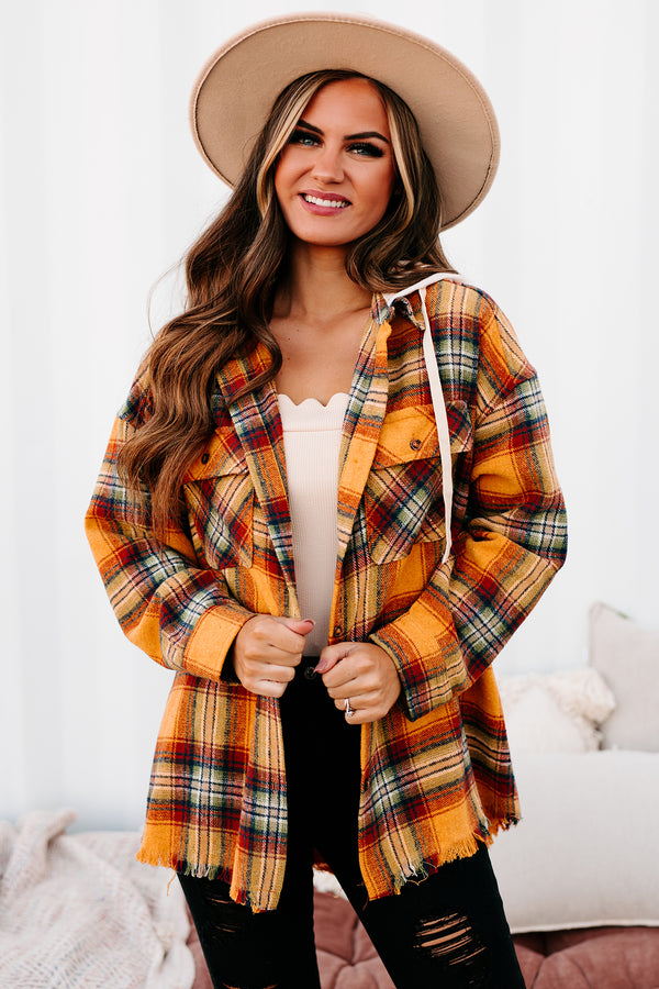 Real Talk Hooded Plaid Shacket (Orange Mix) - NanaMacs