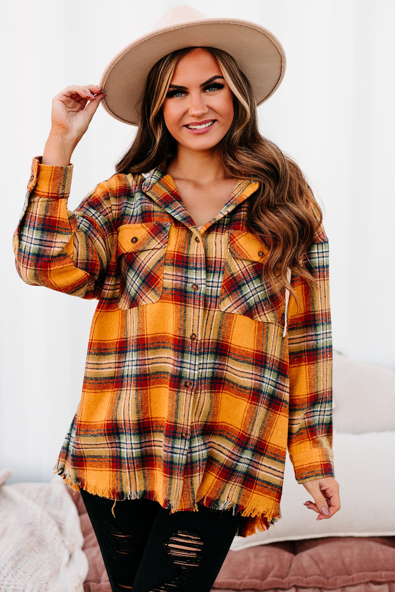 Haptics Layer Up Orange Plaid Flannel Button Down Shacket 3X