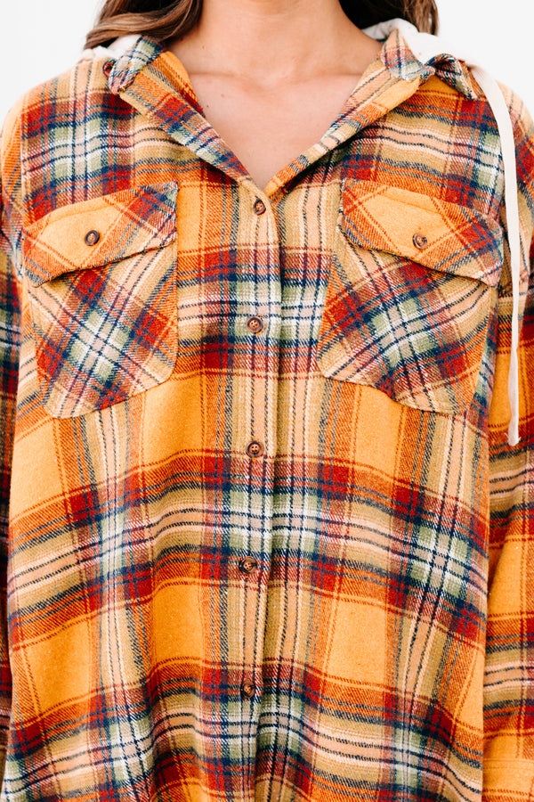 Real Talk Hooded Plaid Shacket (Orange Mix) - NanaMacs