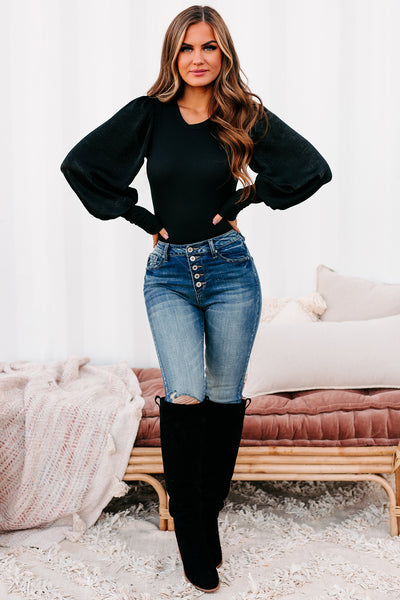 Cause For Concern Ribbed Satin Sleeve Bodysuit (Black) - NanaMacs